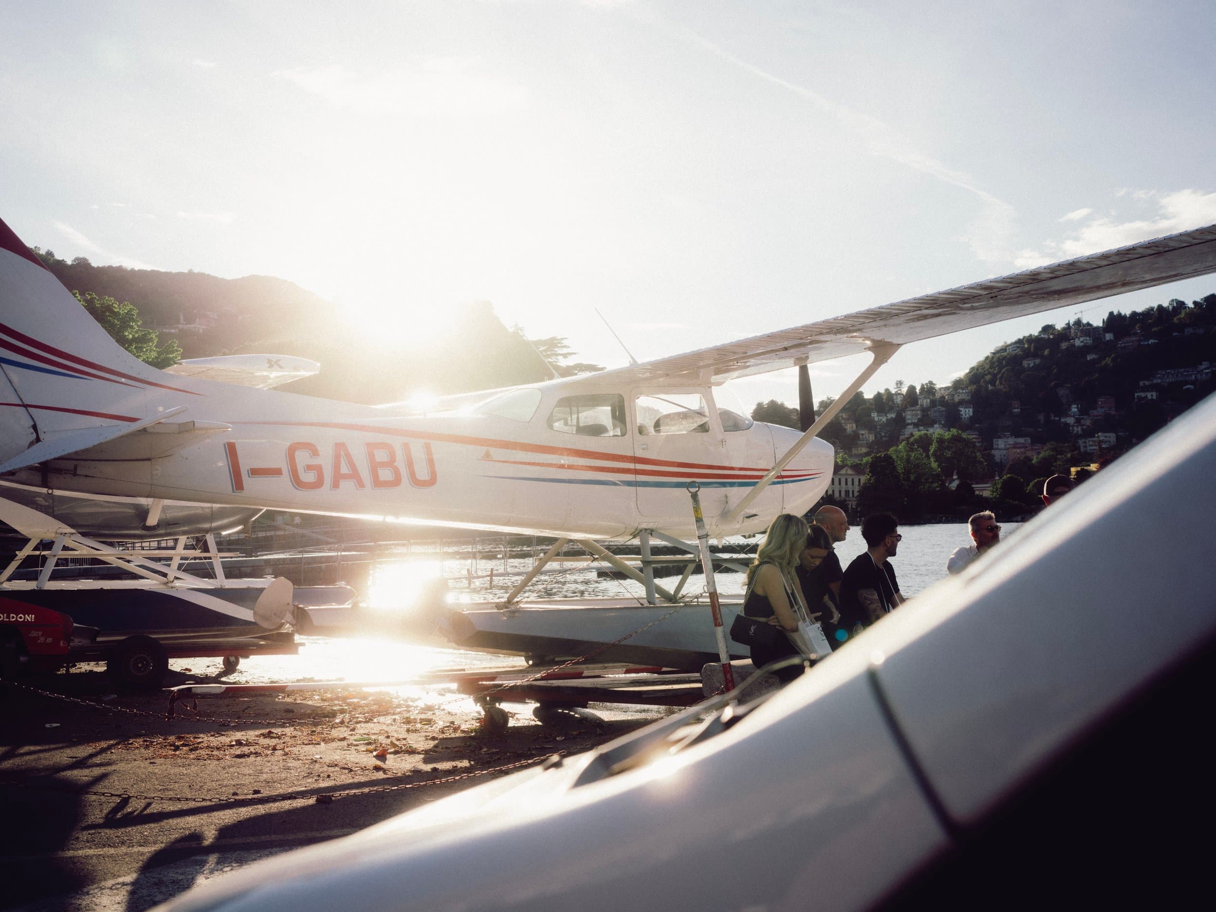 Cinematic still of a seaplane on water from the short film Milk